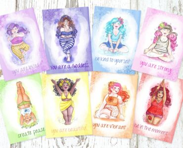 A set of 8 postcards featurings Charlottes paintings of women doing yoga, each one is a different colour of the rainbow.