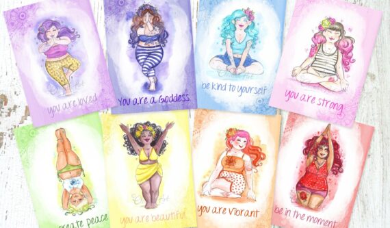 A set of 8 postcards featurings Charlottes paintings of women doing yoga, each one is a different colour of the rainbow.