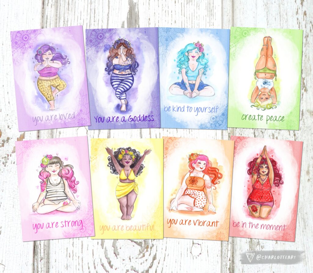 A photo of Charlotte Thomson-Morleys 8 Rainbow Yoga Postcards showing body positive images of women doing yoga.