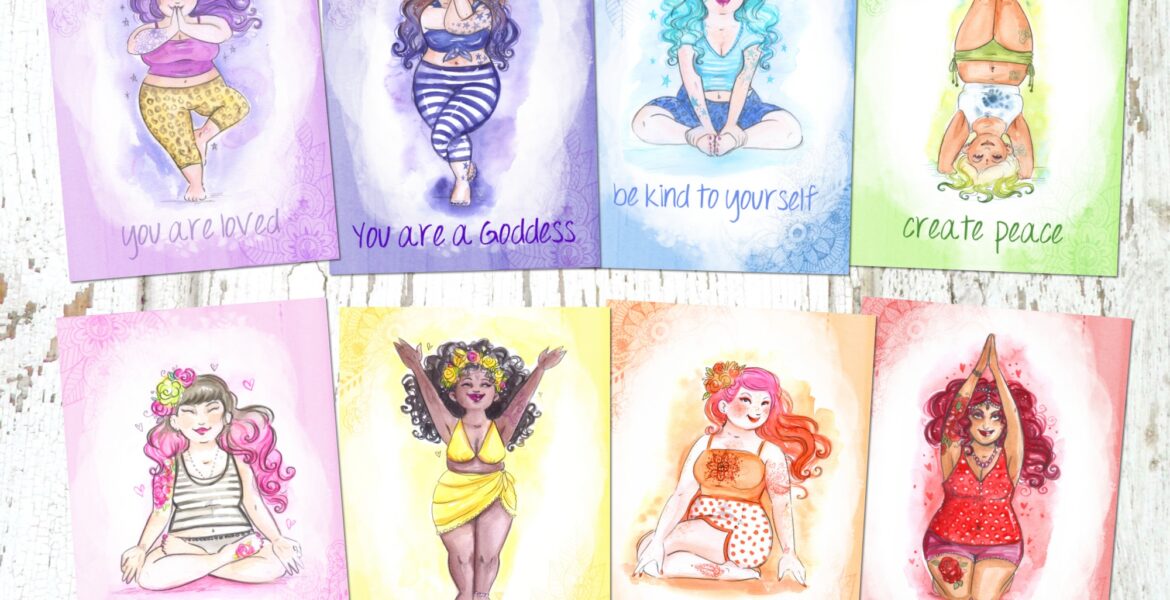 A photo of Charlotte Thomson-Morleys 8 Rainbow Yoga Postcards showing body positive images of women doing yoga.