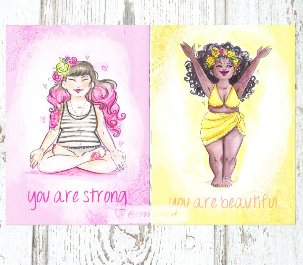 You are Strong and You are Beautiful - paintings of two women doing yoga, one in shades of pink and one in shades of yellow.