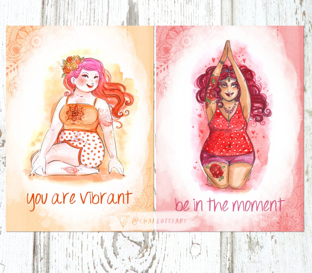 You are Vibrant - a painting of a woman doing yoga in shades of orange, Be in the Moment - a painting of a woman going yoga in shades of red.