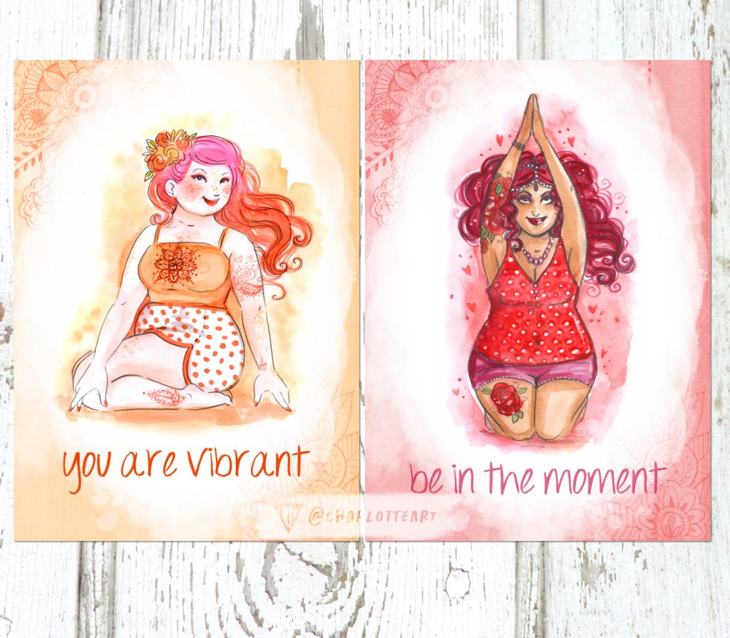 You are Vibrant - a painting of a woman doing yoga in shades of orange, Be in the Moment - a painting of a woman going yoga in shades of red.