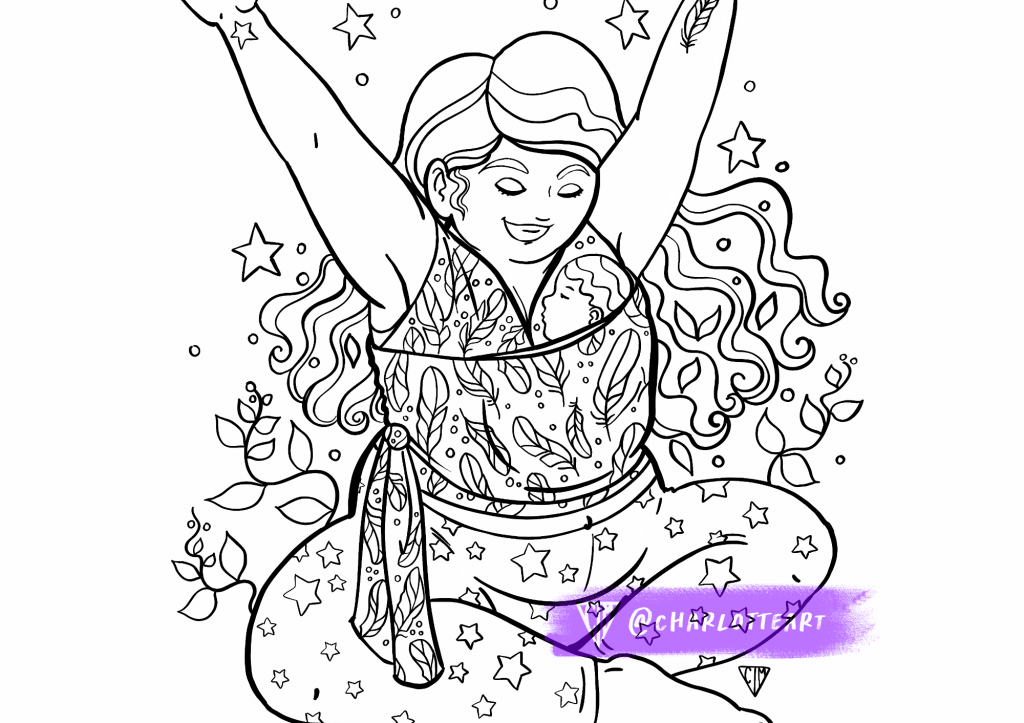 Digital black and white line art colouring page featuring a baby wearing mother, part of a custom commission by yoga teacher Kirsty of Flying Feathers to use in yoga workshops.