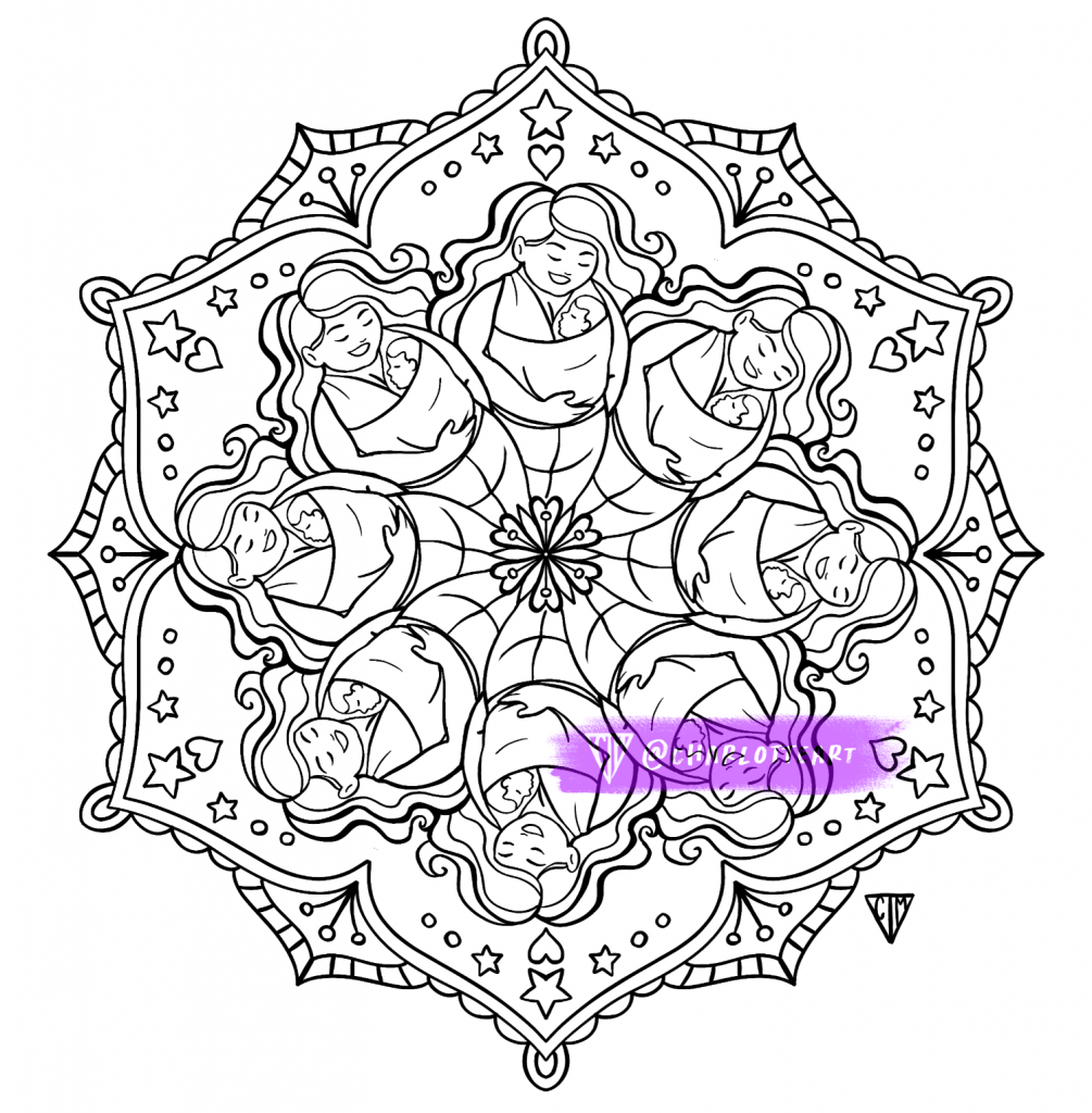 A mandala style colouring page featuring a baby wearing mother, part of a custom commission by yoga teacher Kirsty of Flying Feathers to use in yoga workshops.