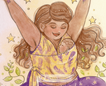 watercolour custom art featuring a baby wearing mother, part of a custom commission by yoga teacher Kirsty of Flying Feathers to use in yoga workshops.