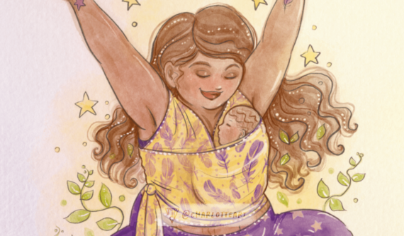 watercolour custom art featuring a baby wearing mother, part of a custom commission by yoga teacher Kirsty of Flying Feathers to use in yoga workshops.
