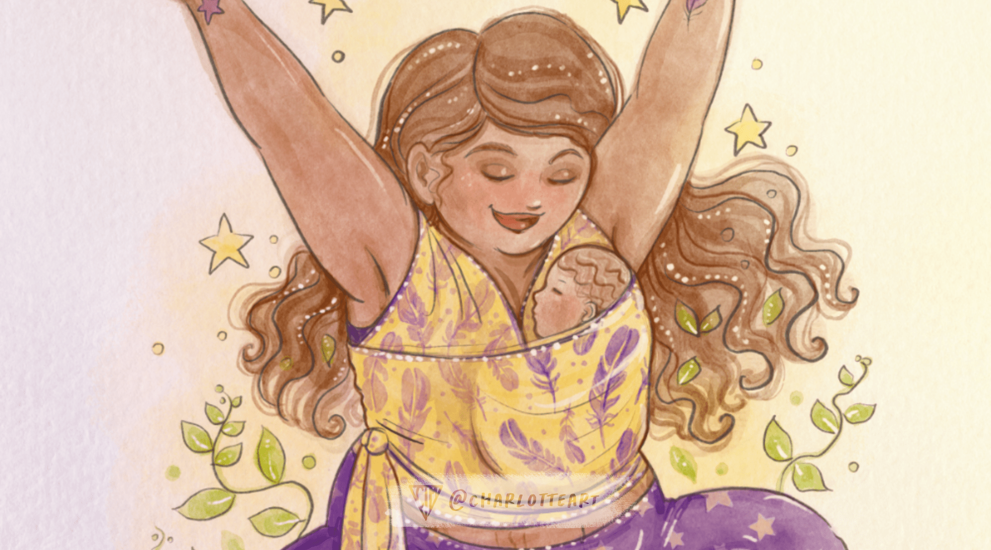 Art commission – baby-wearing yoga teacher Flying Feathers.