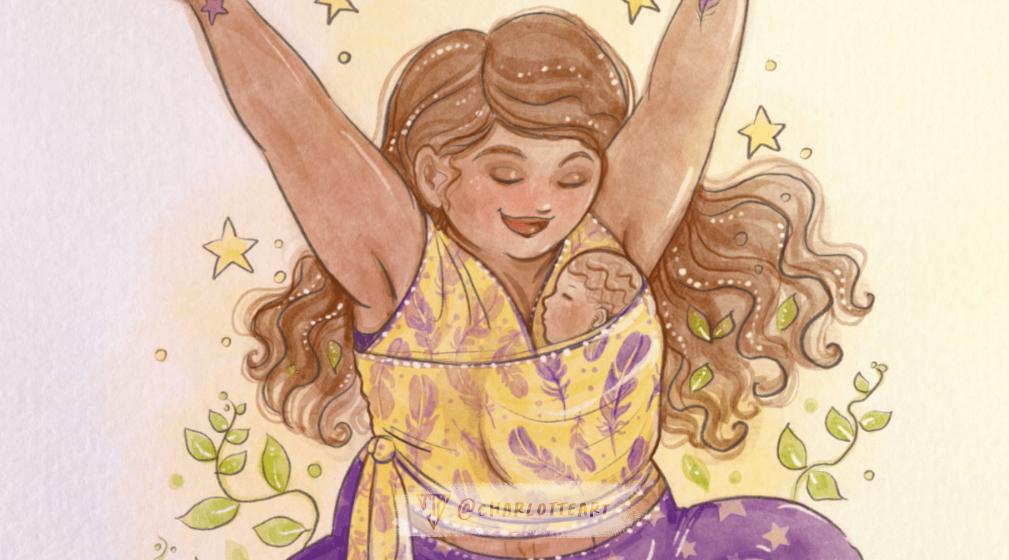 watercolour custom art featuring a baby wearing mother, part of a custom commission by yoga teacher Kirsty of Flying Feathers to use in yoga workshops.