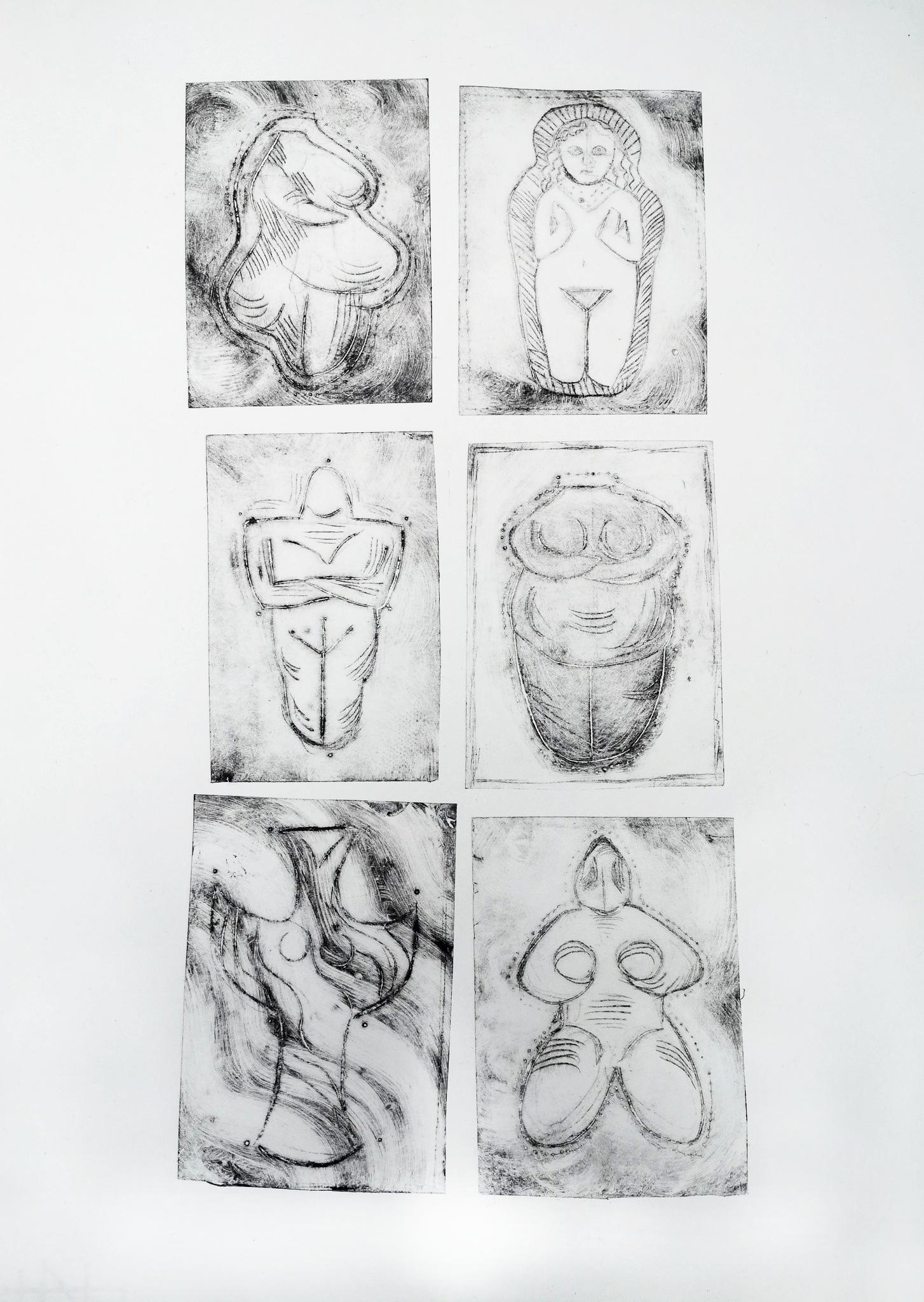 A series of drypoint prints in black ink on white paper of different Goddess sculptures found in the Futzwilliam Museum Cambridge.