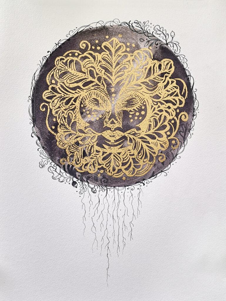 Circular artwork on white paper - a gold lino print of a foliate head is overprinted onto a watercolour style circular style background in black Iron Oak Gall Ink handmade by the artist. Oak leaves and roots are drawn around the circle in ink using a dip pen.