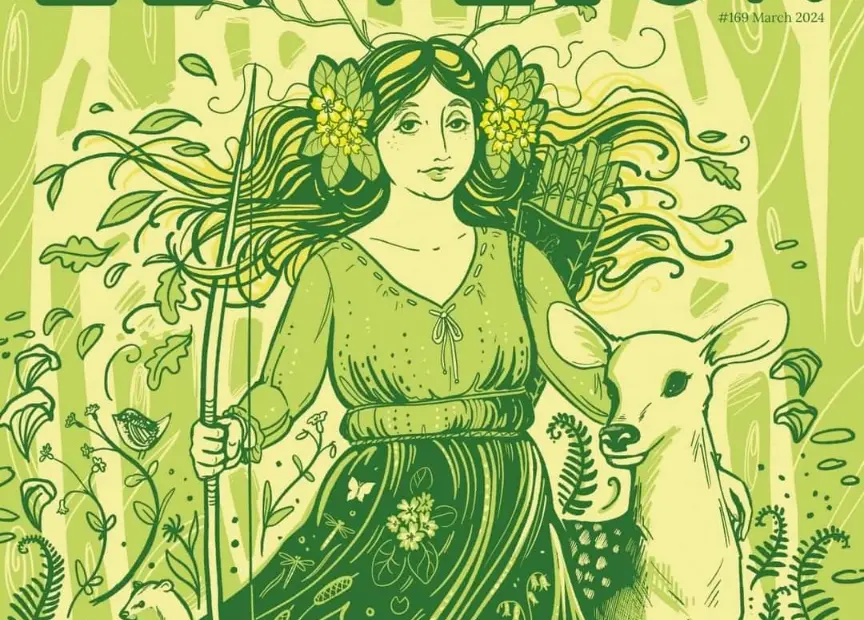 A magazine cover illustrated by Charlotte Thomson-Morley for Nottingham culture newspaper Left Lion. It shows Maid Marian as a Spring nature goddess of the forest, in shades of green, surrounded by spring-flora and fauna.