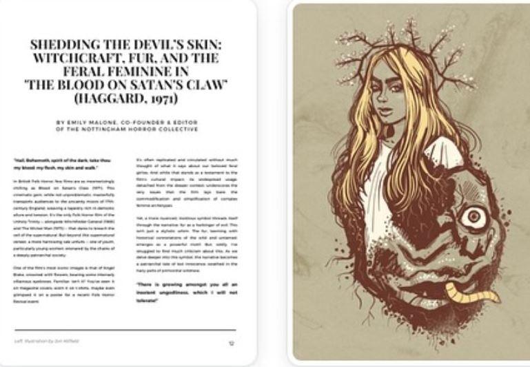 A screen shot of Monstrous Flesh Journal showing a graphical illustration of the films lead character and the creature they discover when ploughing, it is shown alongside the written article about the film.