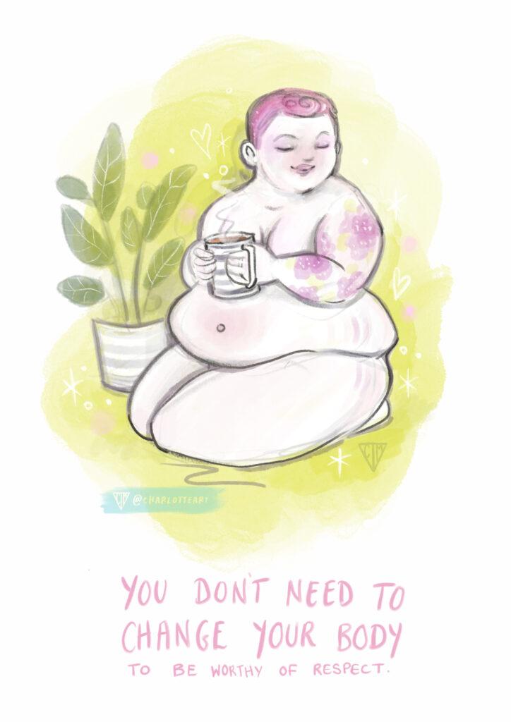 An illustration of a fat femme person with pink short hair and pink floral tattoos on one art. They are kneeling on the floor next to a large indoor plant, they are holding a cup of coffee up to their chest and are not obviously wearing any clothes. They have visible stretchmarks.