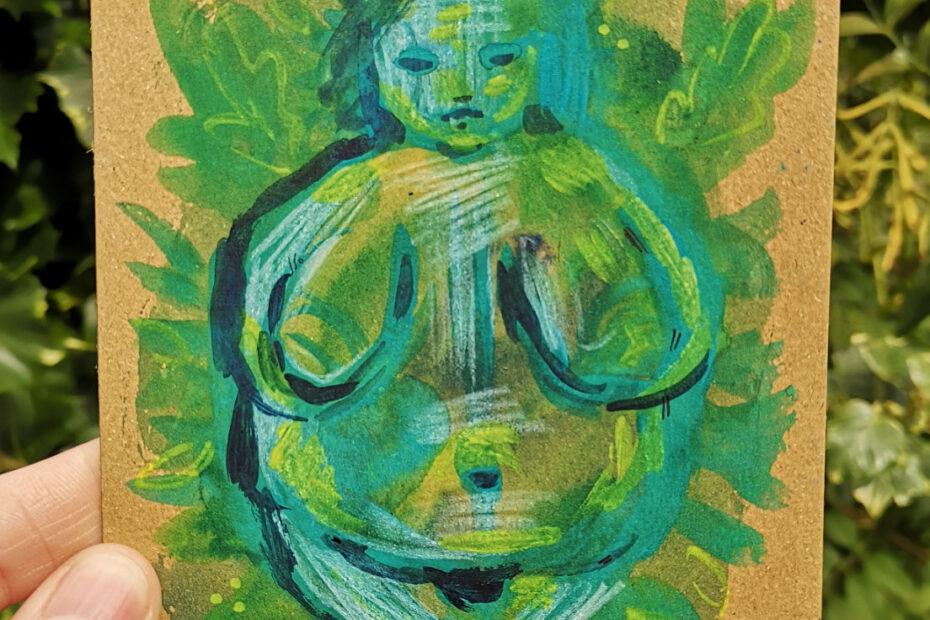 A fat bodied femme bodied nature goddess type figure created in mixed media painting in shades of blue and green