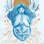 A blue watercolour and gold in painting of Trisantona by artist Charlotte Thomson-Morley. The image is symmetrical with the Goddess figure central, surrounded by reeds and fish, with wavy lines representing the river below her.