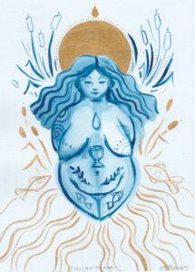A blue watercolour and gold in painting of Trisantona by artist Charlotte Thomson-Morley. The image is symmetrical with the Goddess figure central, surrounded by reeds and fish, with wavy lines representing the river below her.