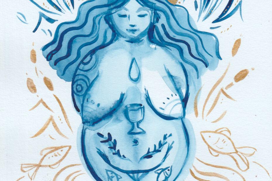 A blue watercolour and gold in painting of Trisantona by artist Charlotte Thomson-Morley. The image is symmetrical with the Goddess figure central, surrounded by reeds and fish, with wavy lines representing the river below her.