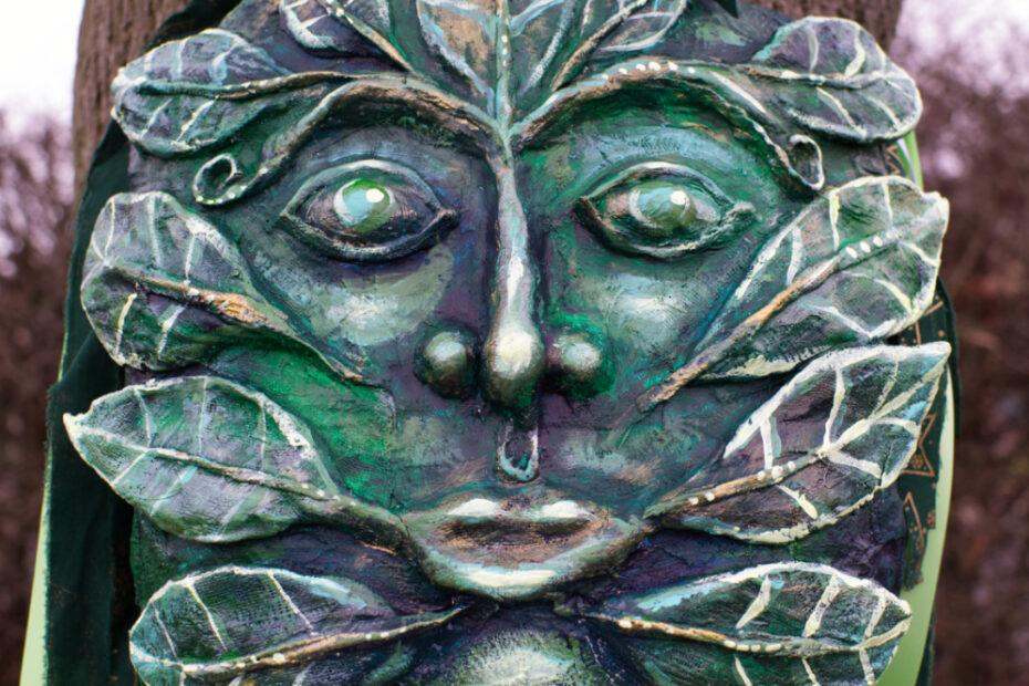 A sculpted figure head of the Green Man created by artist Charlotte Thomson-Morley