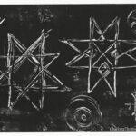 A black ink mono-print of 'Witch Marks' found at Belton House, Lincolnshire. Created by Charlotte Thomson-Morley