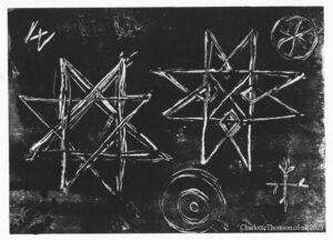 A black ink mono-print of 'Witch Marks' found at Belton House, Lincolnshire. Created by Charlotte Thomson-Morley