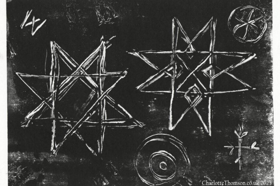 A black ink mono-print of 'Witch Marks' found at Belton House, Lincolnshire. Created by Charlotte Thomson-Morley