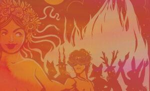 An illustration of Beltane by Charlotte Thomson-Morley. A Woman wearing a flower crown takes a masked mans hand while costumed figures dance around a bonfire.