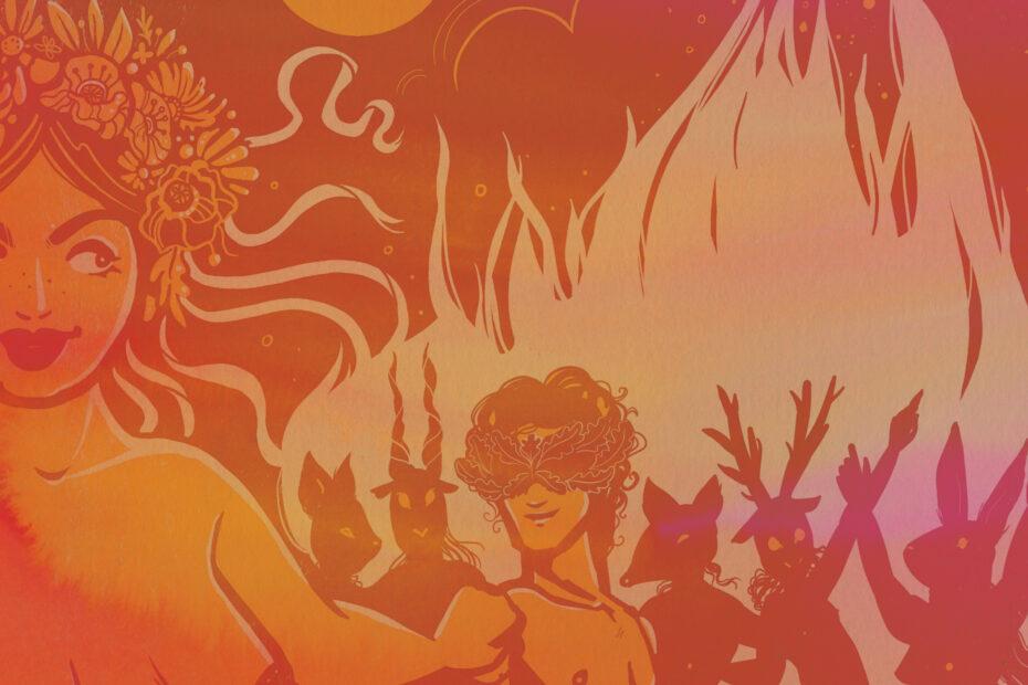 An illustration of Beltane by Charlotte Thomson-Morley. A Woman wearing a flower crown takes a masked mans hand while costumed figures dance around a bonfire.