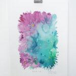 A semi-abstract painting on watercolour paper showing leafy foliage-like structures in shades of fuschia and green, with a fat-bodied figure emerging from the background, they are designed to look like part of nature.