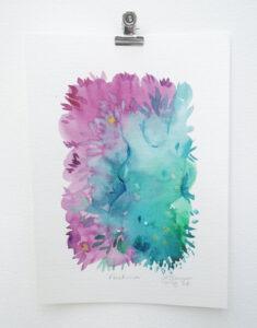 A semi-abstract painting on watercolour paper showing leafy foliage-like structures in shades of fuschia and green, with a fat-bodied figure emerging from the background, they are designed to look like part of nature.