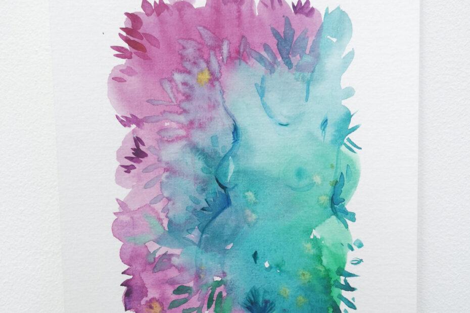 A semi-abstract painting on watercolour paper showing leafy foliage-like structures in shades of fuschia and green, with a fat-bodied figure emerging from the background, they are designed to look like part of nature.