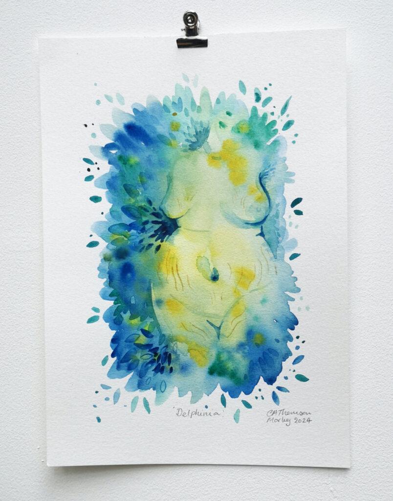 A semi-abstract painting on watercolour paper showing leafy foliage-like structures in shades of blue and green, with a full-figured body emerging from the background, they are designed to look like part of nature. They have visible stretch marks creating in gold paint.